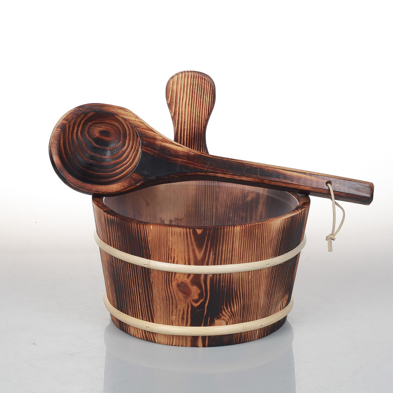 Ξύλινος κάδος και κουτάλα SAUFLEX 4 l, καμένο σασπένι