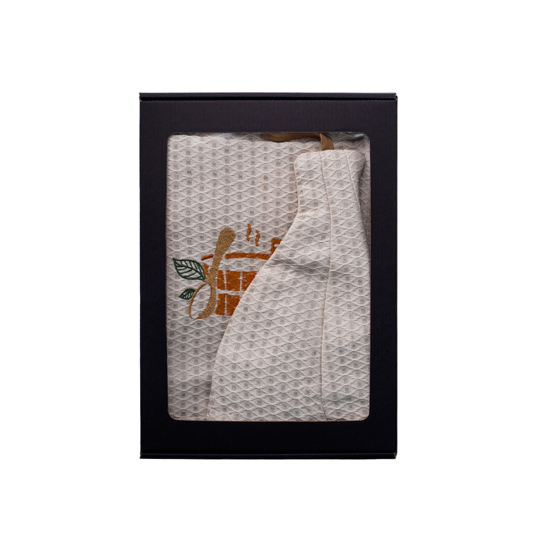 Σετ δώρου σε κουτί δώρου για ΑΥΤΟΝ. Ανδρικό καπέλο και ποδιά σάουνας - ΛΙΝΟ, κεντημένο